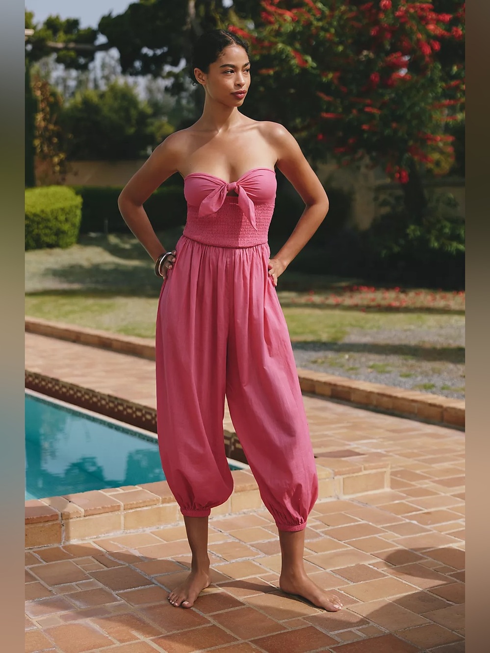 NWT Celandine Anthropologie Pink 100% Cotton Strapless Tie Front Jumpsuit Medium